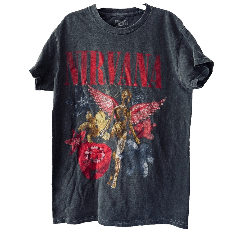 Nirvana In Utero Angel Graphic Tee Size XS Black Washed Grunge Band T Shirt 90s